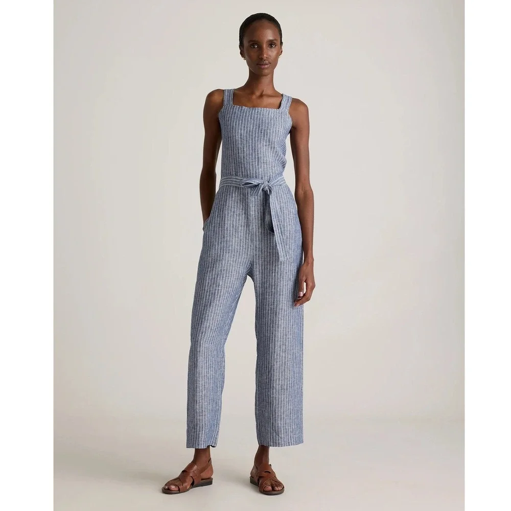 Quince Womens European Linen Square Neck Jumpsuit Chambray Stripe Size XS